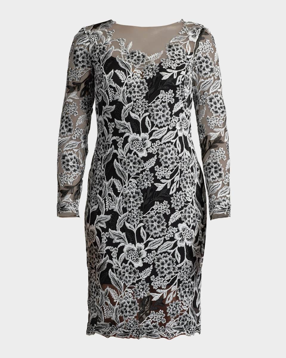 Floral-Embroidered Illusion Midi Dress
